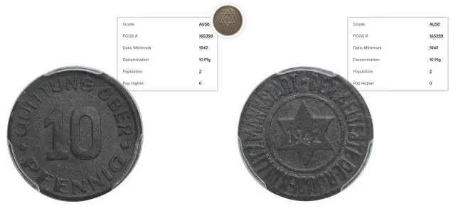 Getto Łódź, 10 fenigów 1942, PCGS AU58 – WÓJCICKI