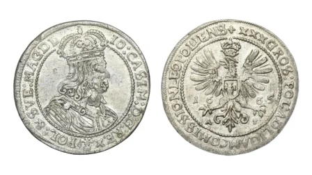 Próbna złotówka 30 groszy wybita w Krakowie w 1665 roku – awers i rewers